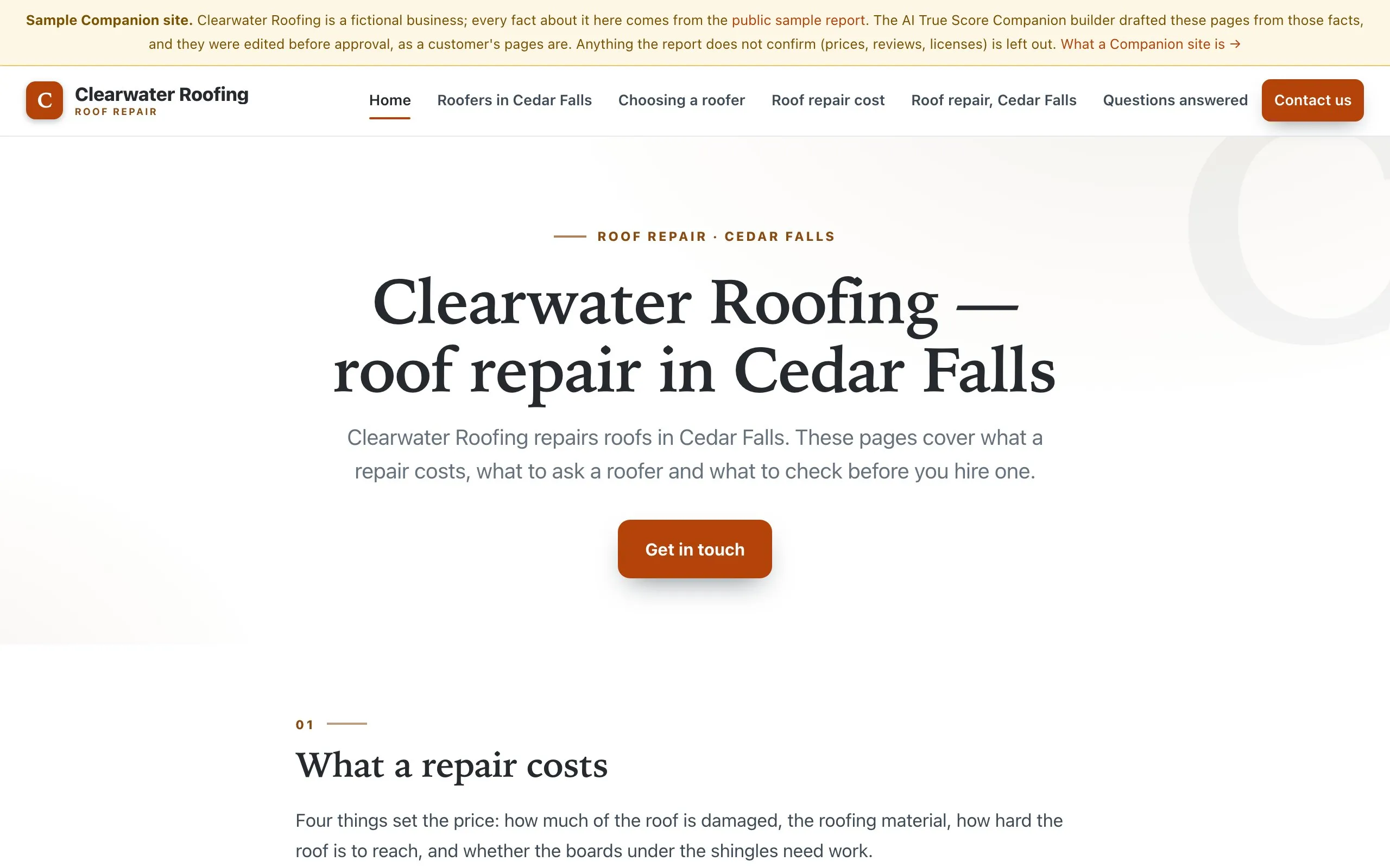 The opening of a sample Companion site for Clearwater Roofing, a fictional roofing business in Cedar Falls, made by the AI True Score Companion builder: a banner marking it as a sample, the headline “Clearwater Roofing — roof repair in Cedar Falls” and an opening line saying the pages cover what a repair costs, what to ask a roofer and what to check before hiring one.