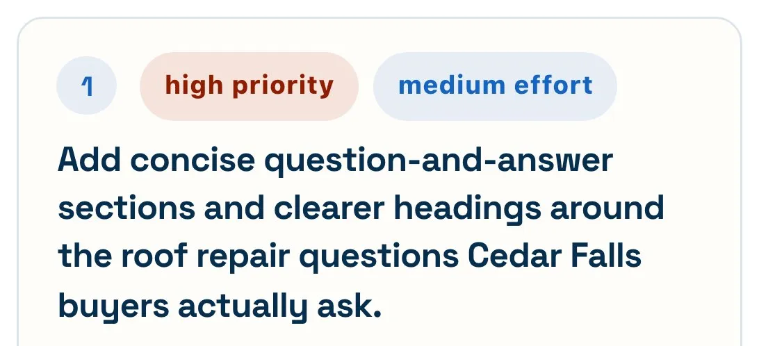 A fix from the public sample Full Report for fictional Clearwater Roofing: add concise question-and-answer sections and clearer headings around the roof repair questions Cedar Falls buyers actually ask.